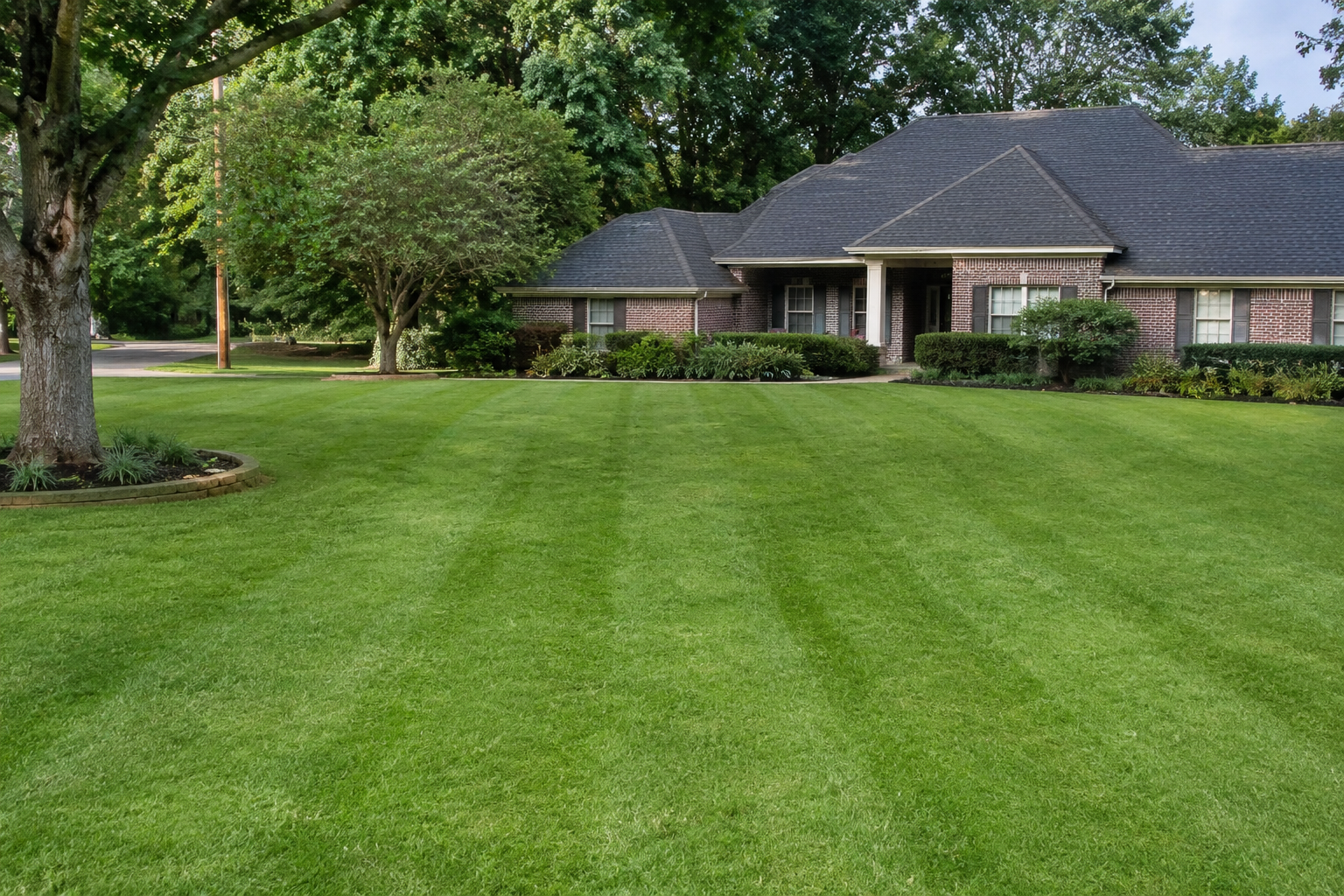 A striped, freshly maintained lawn in front of a home